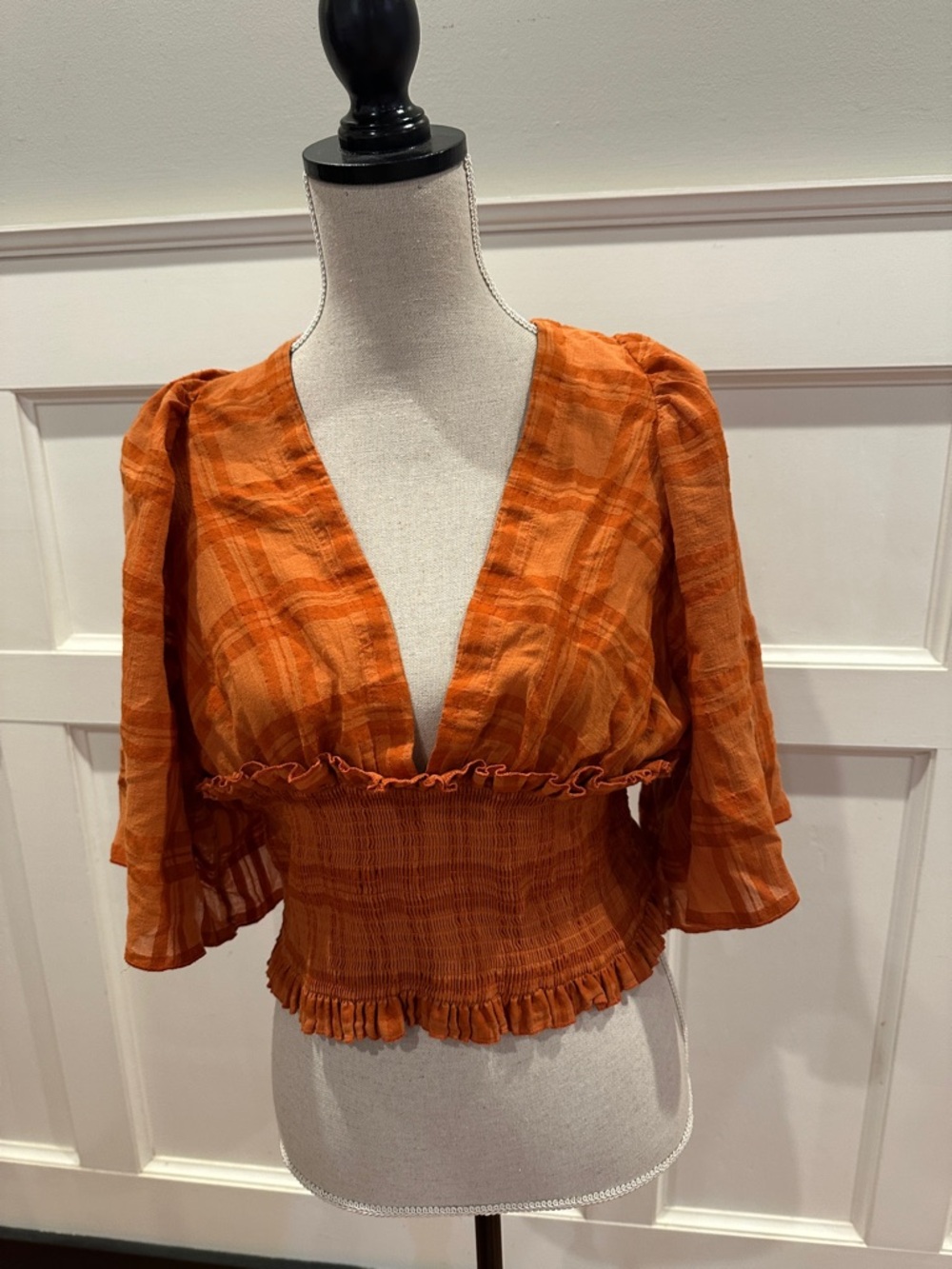 Anthropologie Rust Orange Deep V Smocked Crop Top